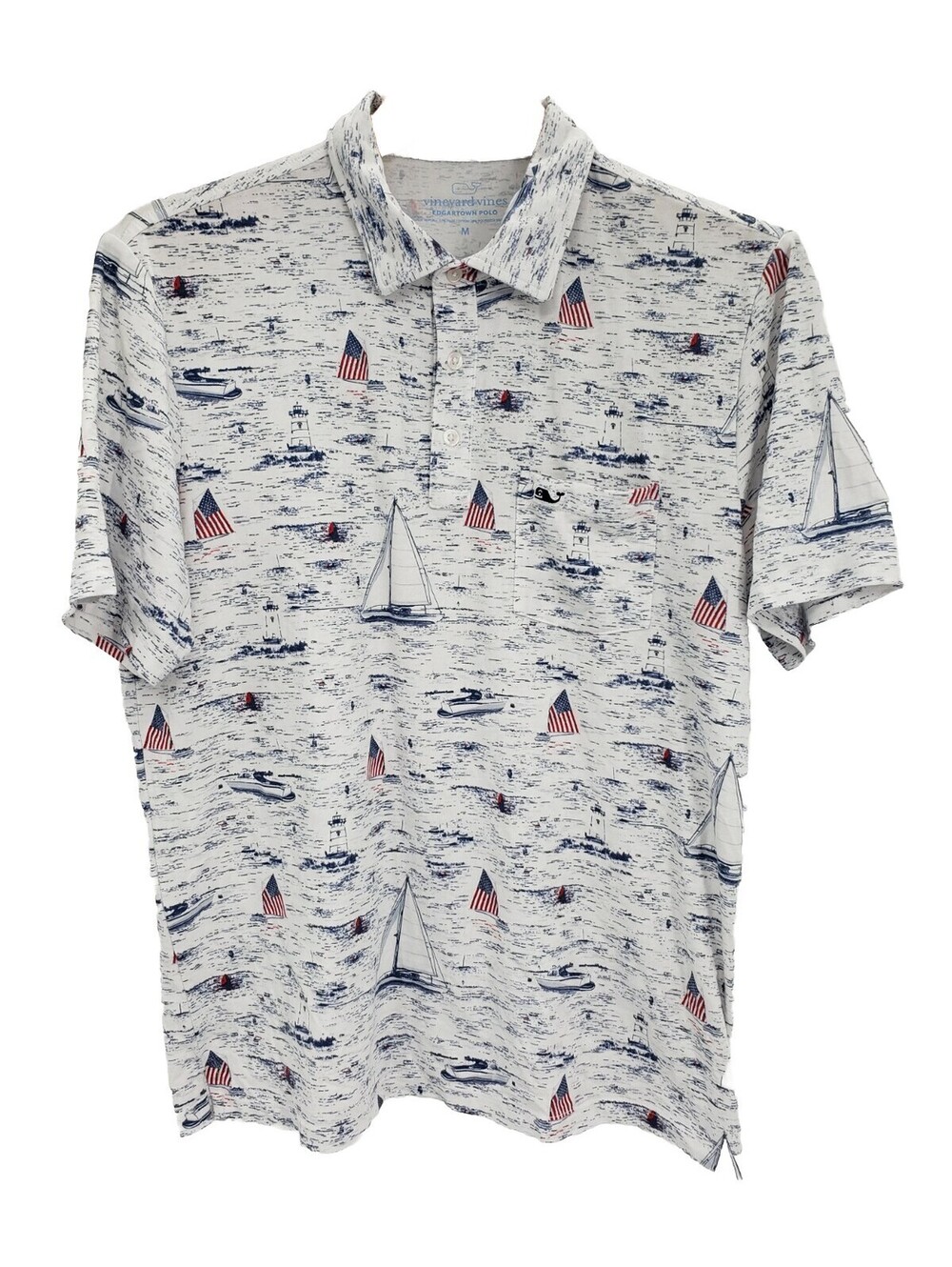 Vineyard Vines Polo Shirt Mens M White Short Sleeve Sailboat Flag Nautical USA